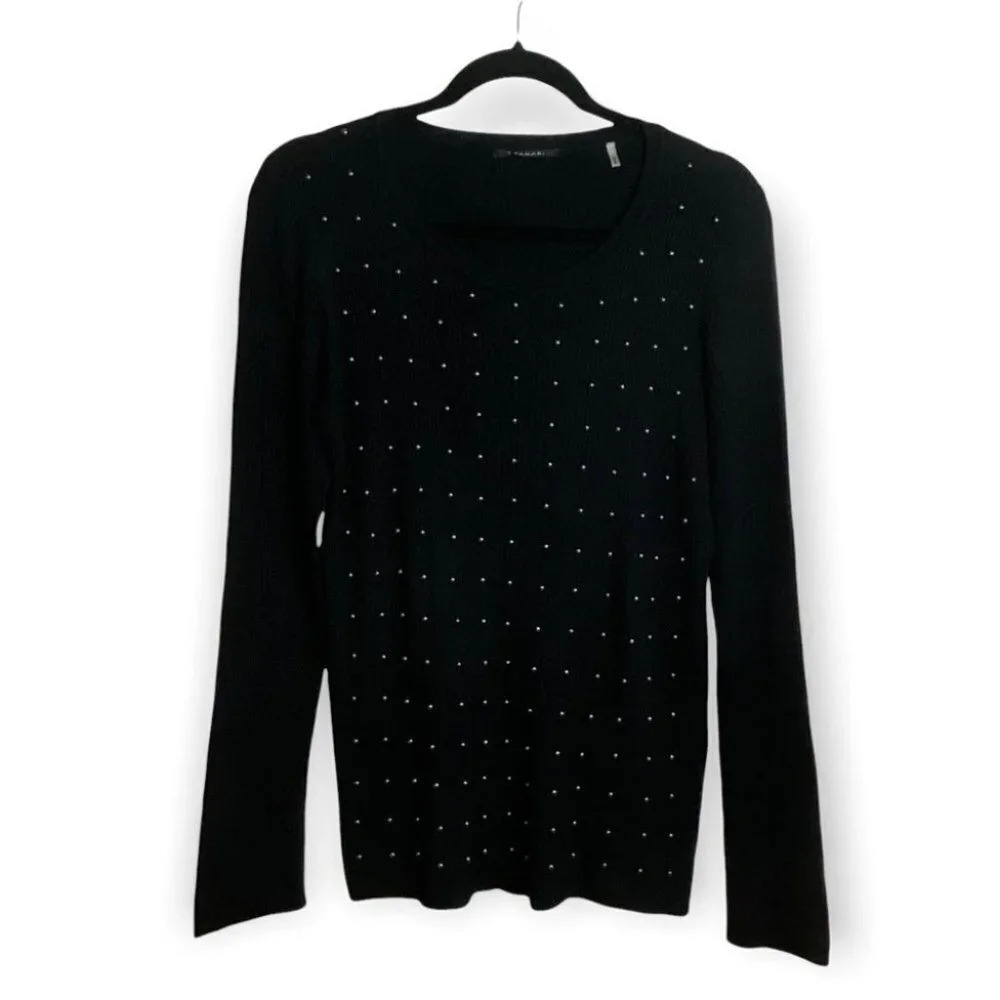 T Tahari Black  Ribbed Long Sleeve Top with Silver Beads